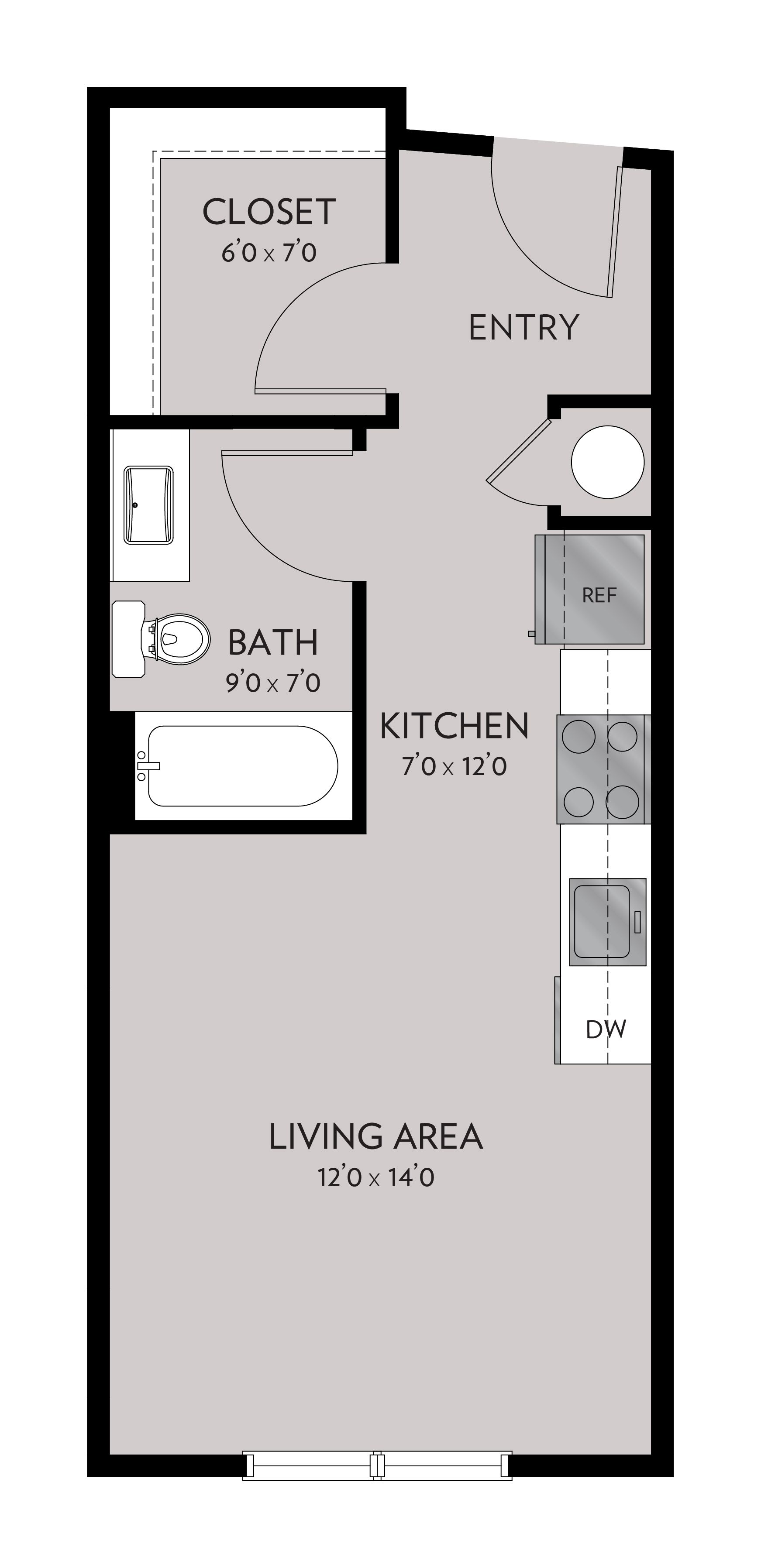 Floor plan of a studio apartment. It has a living area, kitchen, bathroom, closet, and pantry.