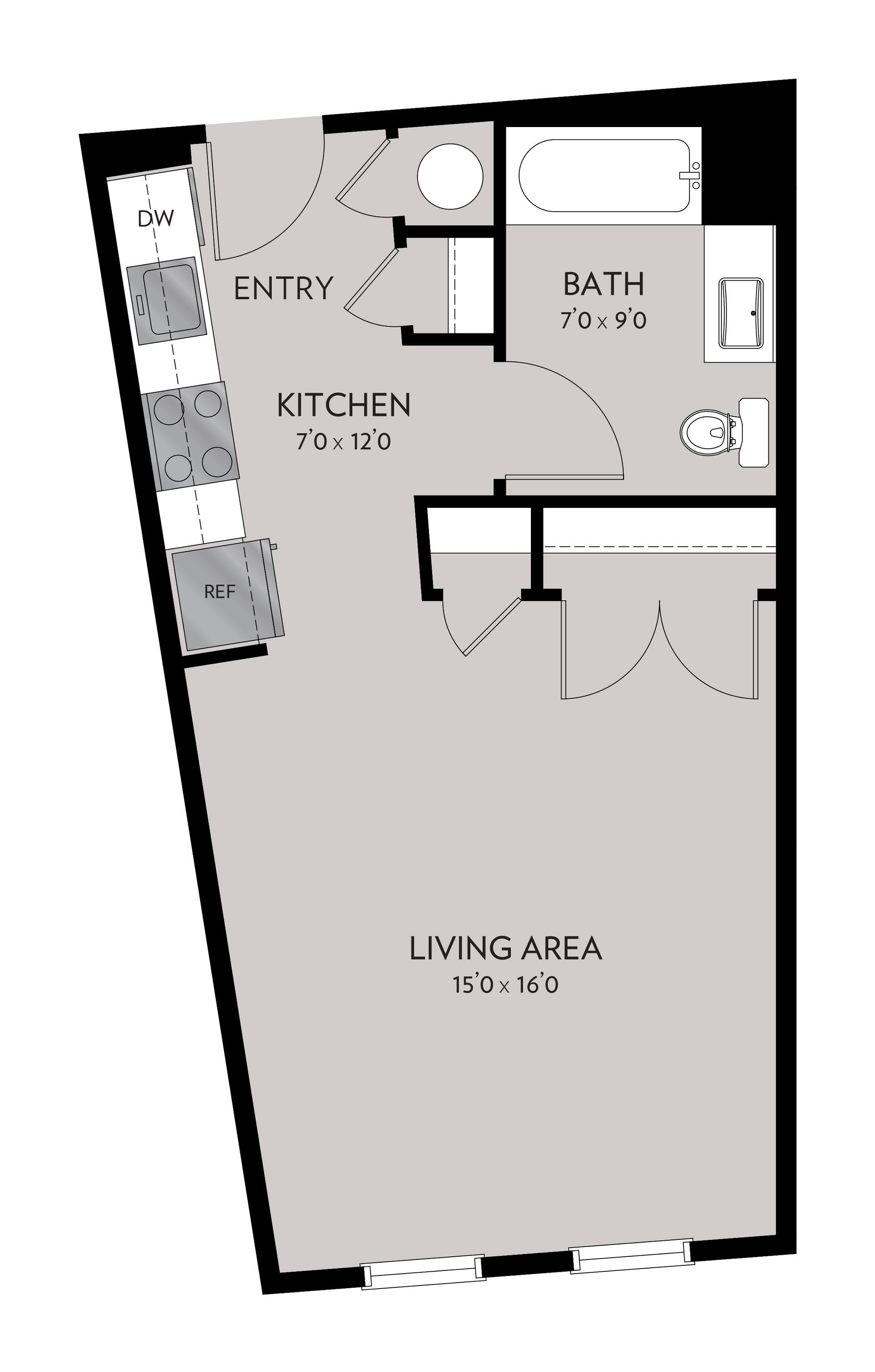 Floor plan of a studio apartment showing the kitchen, living area, entry, and bathroom.