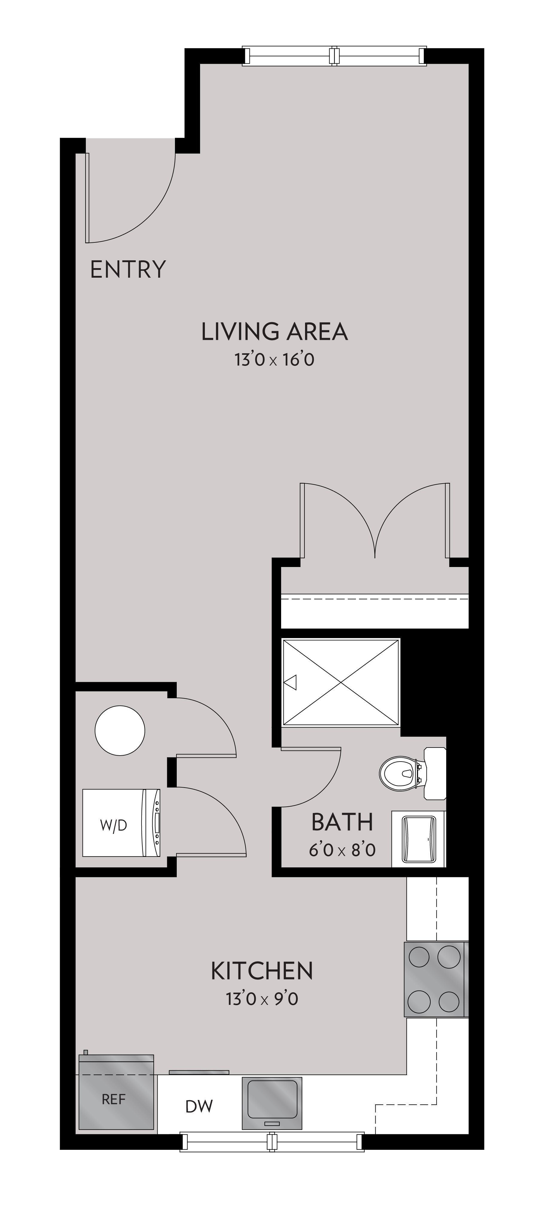 Floor plan of a studio apartment layout. Includes entry, living area, kitchen, bathroom, and closet.