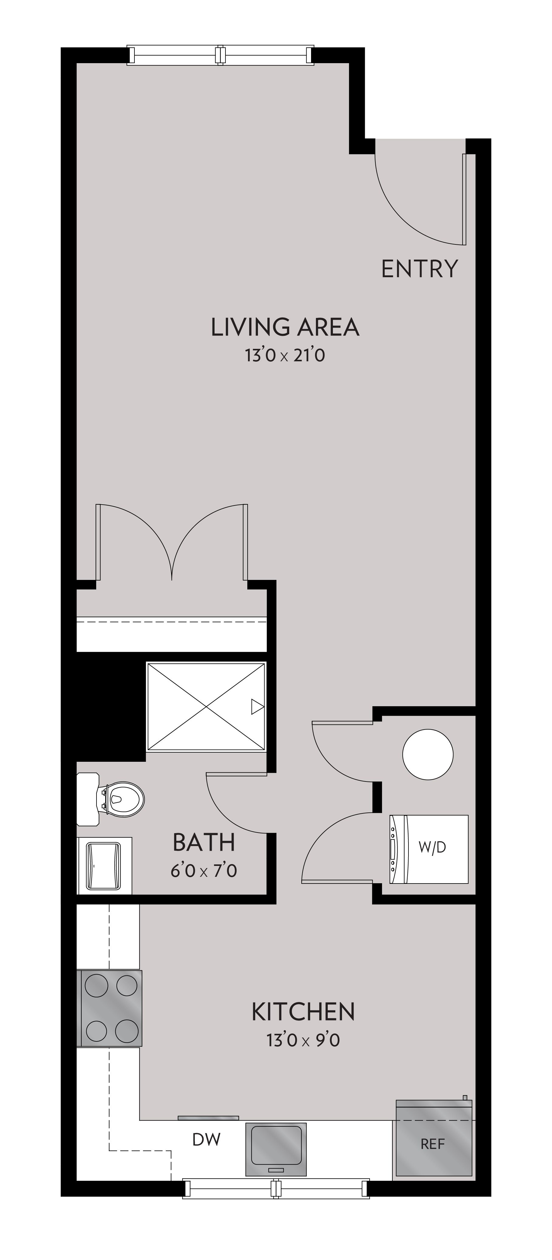 Floor plan of a studio apartment, showing the kitchen, bathroom, and living/sleeping area. Light gray walls, black outlines.