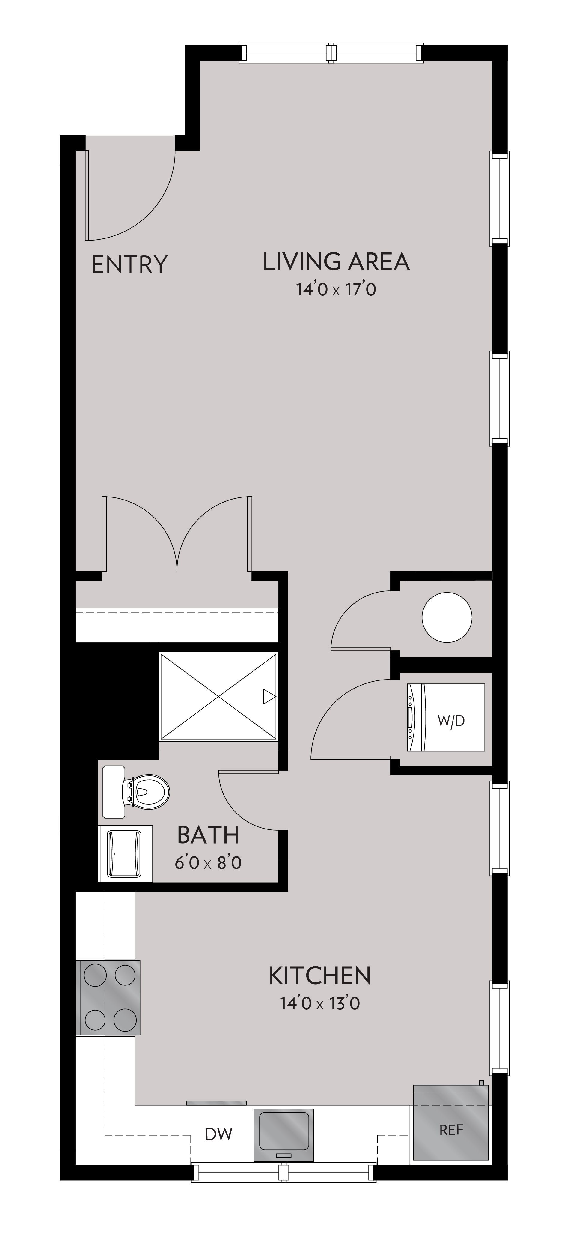 Floor plan showing a narrow apartment layout. Features include a living room, kitchen, bathroom, and bedroom.