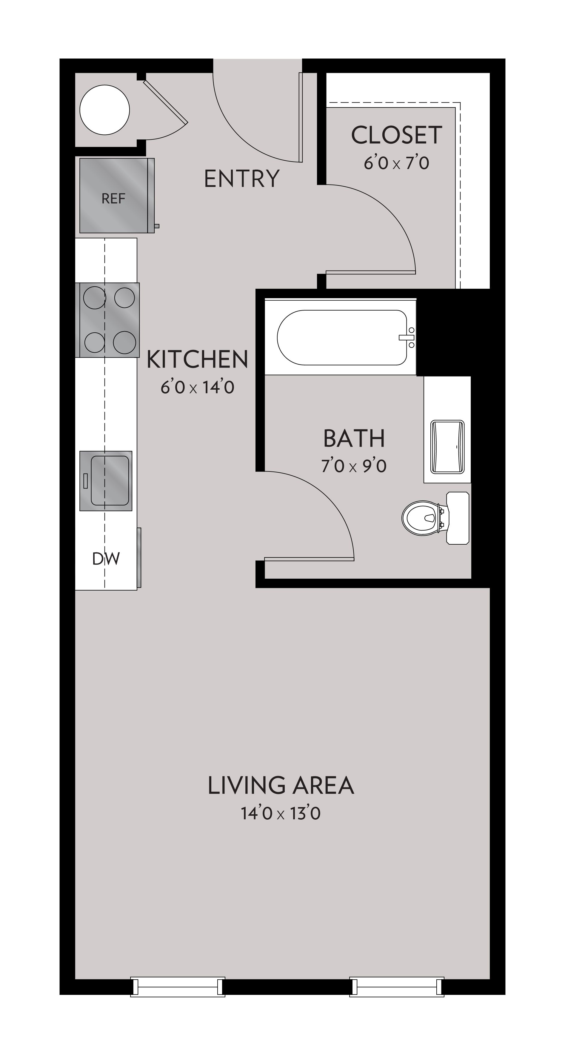 Floor plan of a studio apartment with an entry, kitchen, bathroom, closet, and living area.