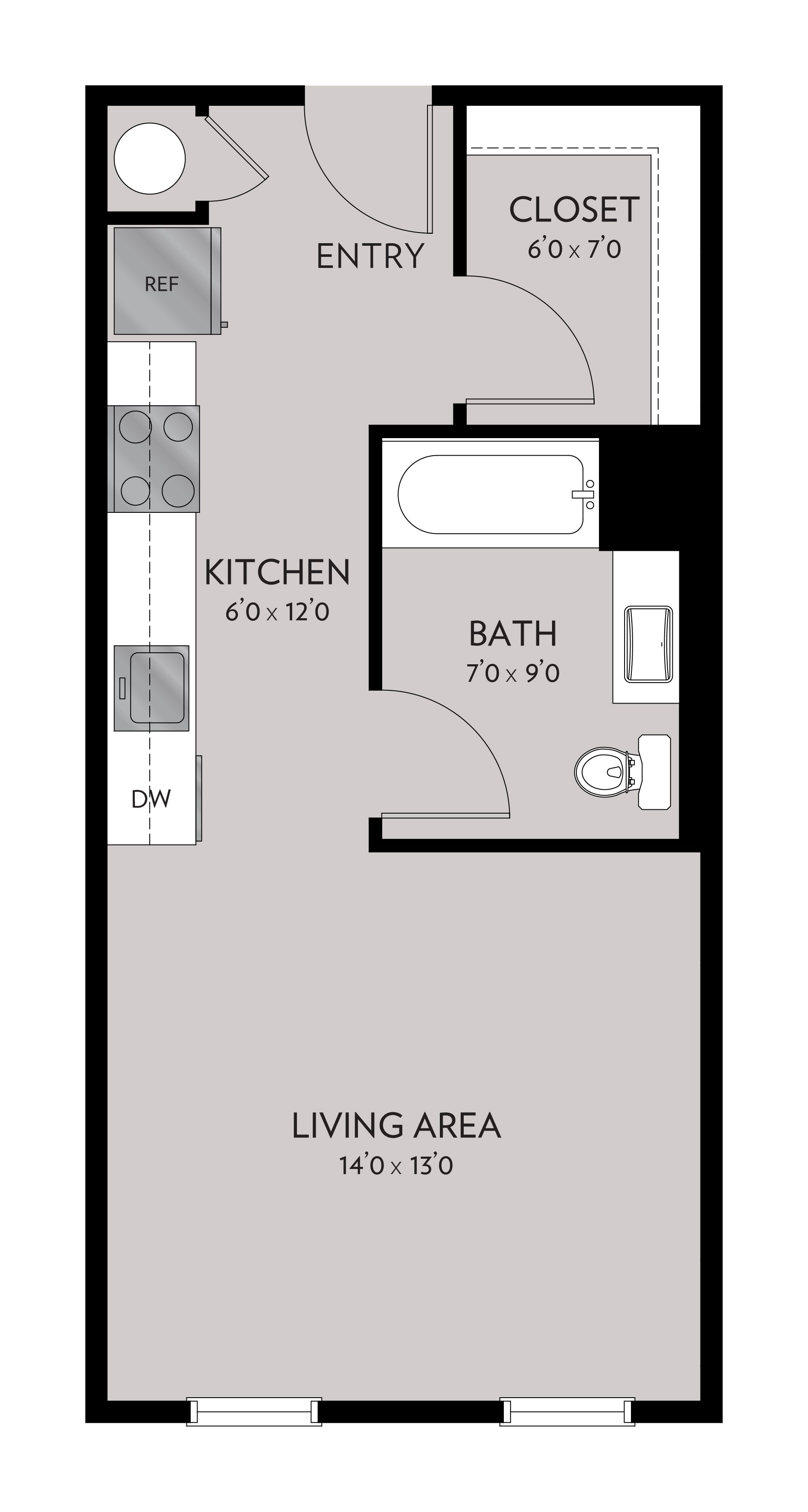 Floor plan of a small studio apartment, featuring a kitchen, bathroom, closet, and living area. Gray-scale layout.