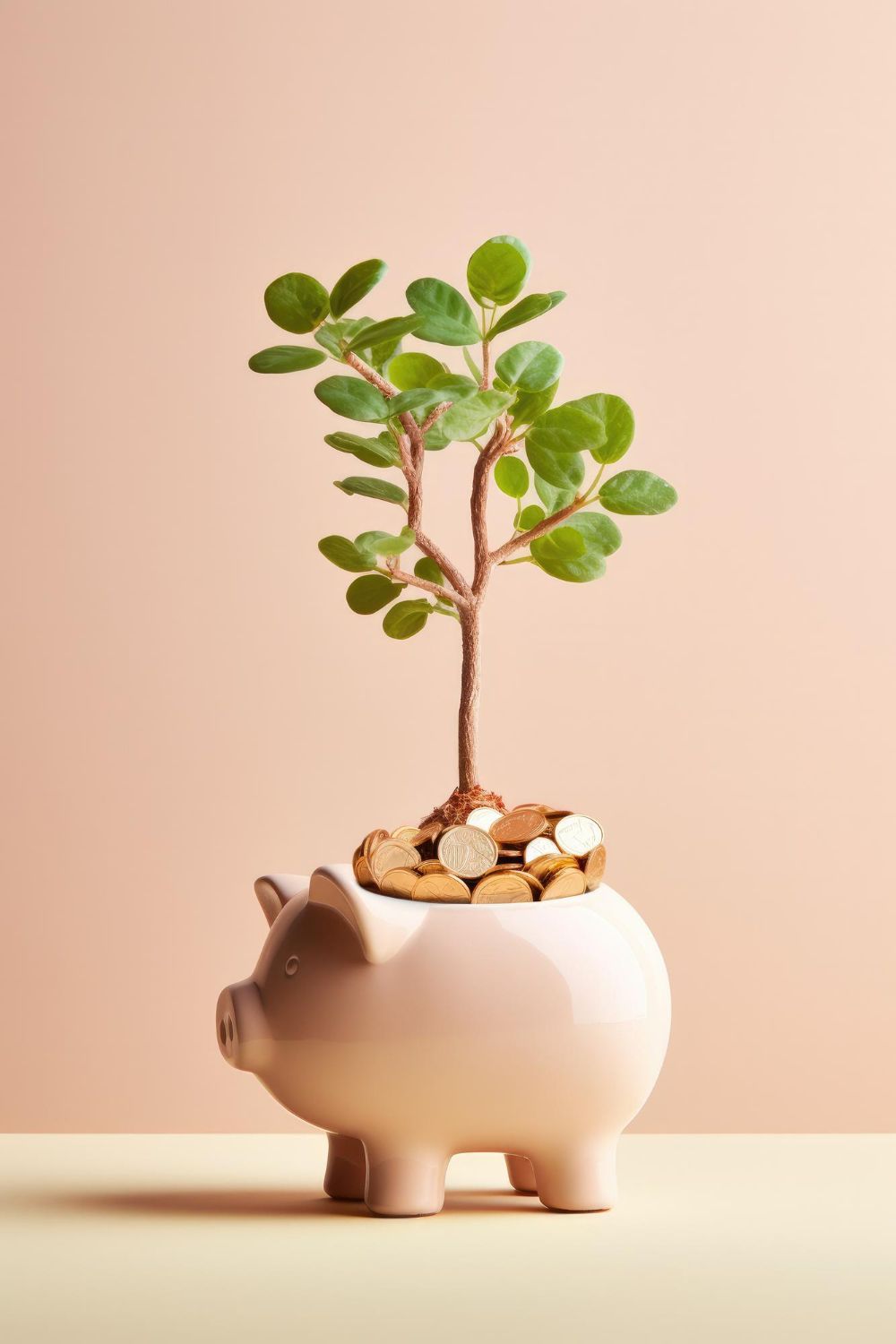 Pink piggy bank with a small tree growing from its opening, surrounded by coins. Beige background.