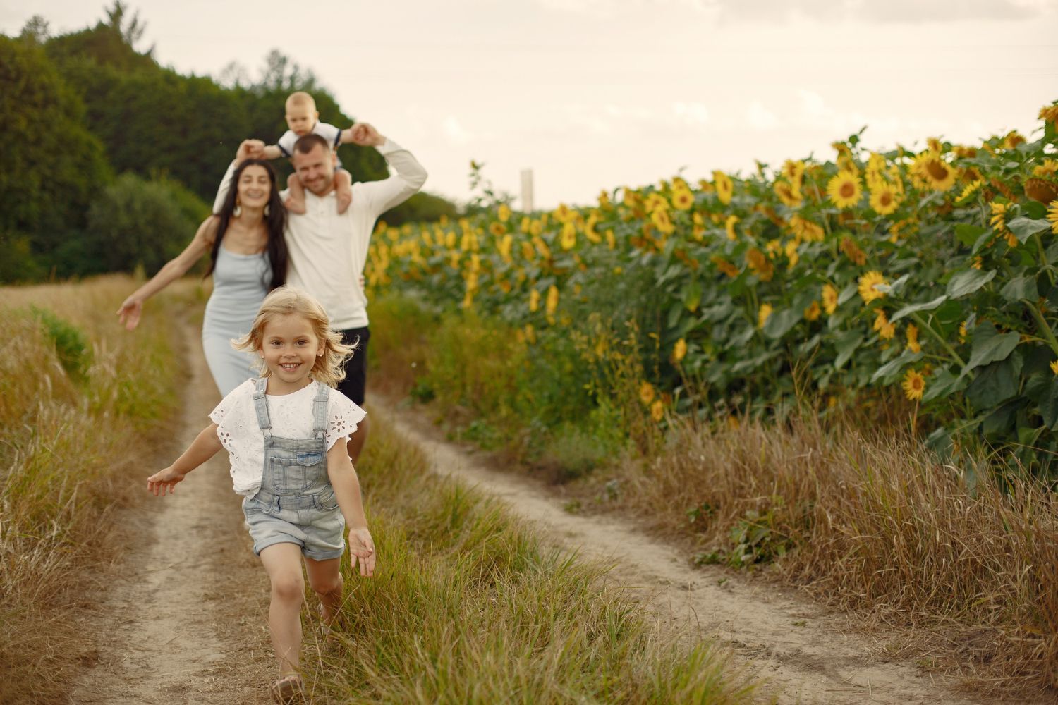 Family of four walking on a path through a field of sunflowers. A girl runs towards the camera.