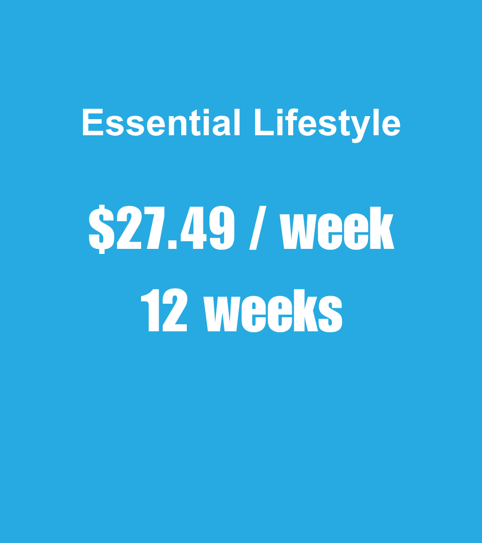 A blue background with the words essential lifestyle $ 27.49 / week 12 weeks