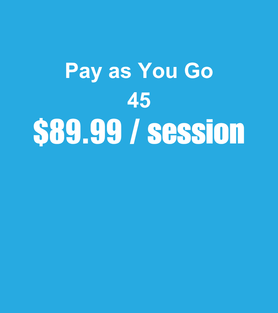 A blue sign that says pay as you go 45 $ 89.99 / session