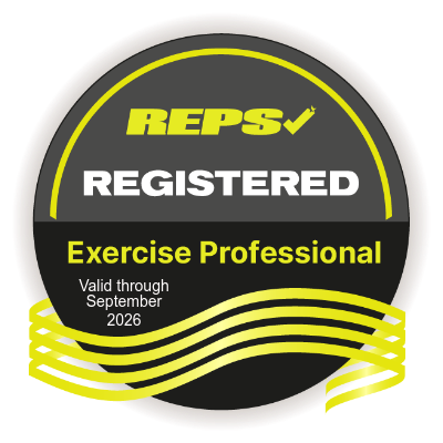 REPS Registered Exercise Professional badge, black and yellow, valid through September 2026.