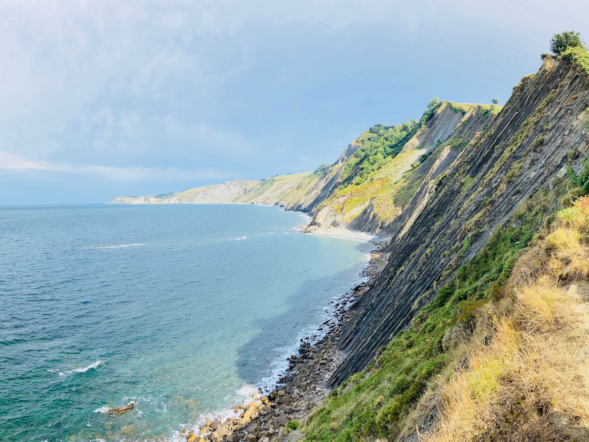 Ocean coastline with layered cliffs, blue water, and a cloudy sky.