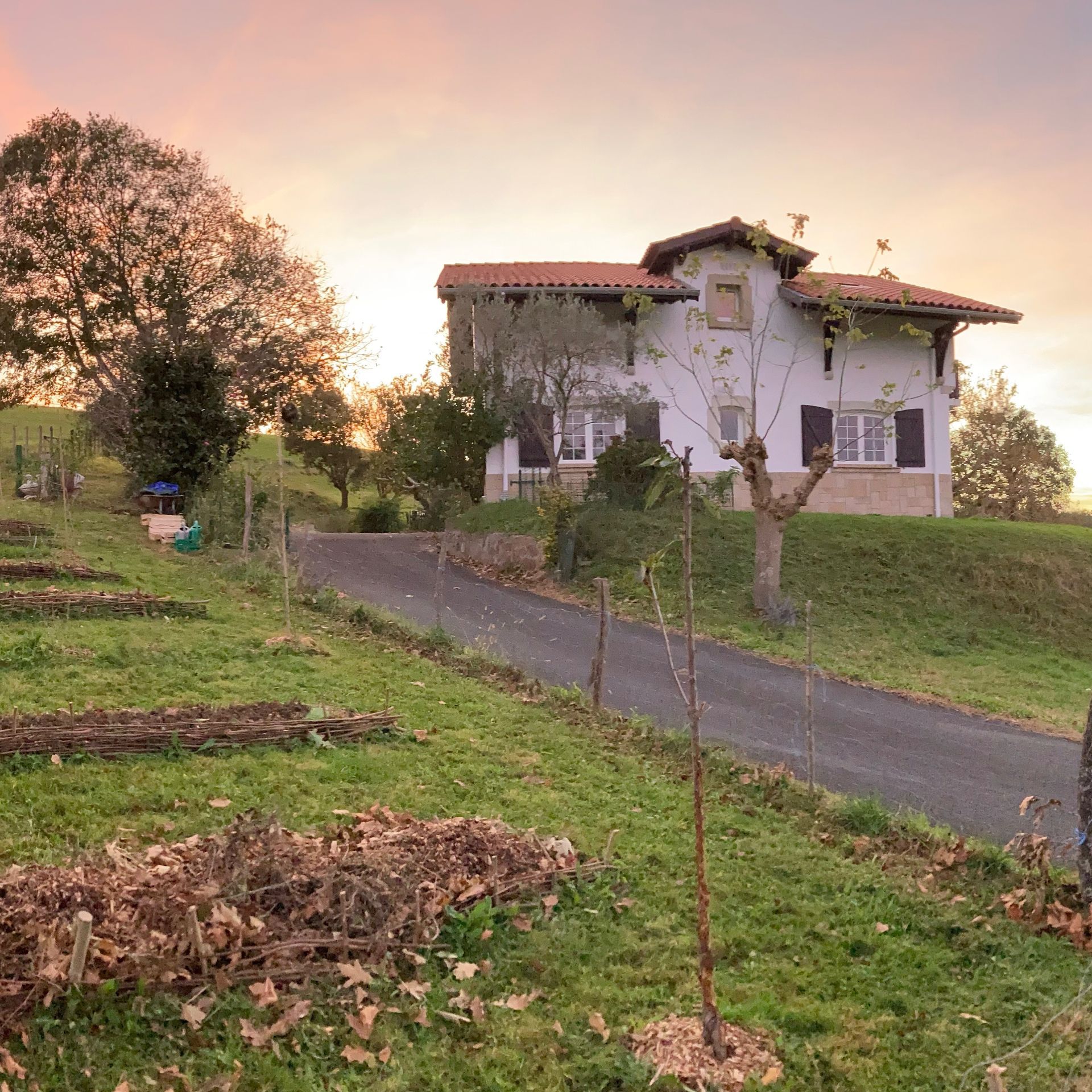 White house with red tile roof on a grassy hill at sunset, road leading up to the house.