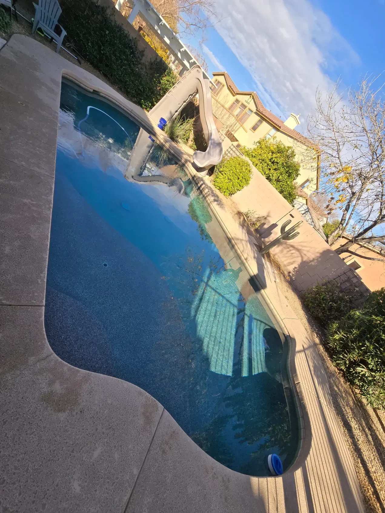 A large swimming pool with a slide in the backyard