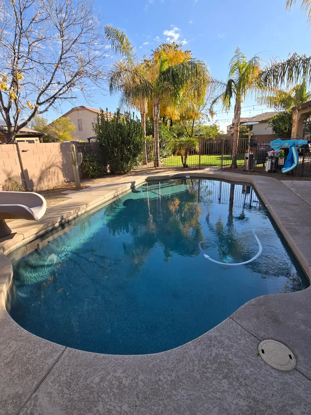 A large swimming pool with a slide in the backyard