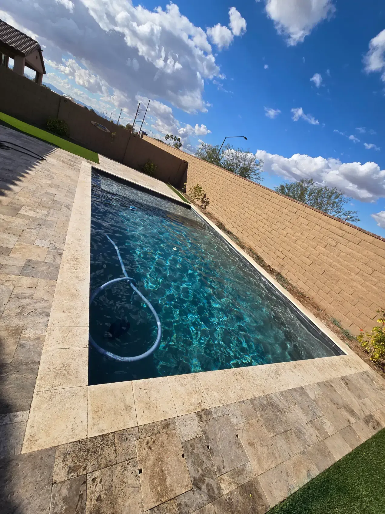 A large swimming pool in a backyard with a hose attached to it.