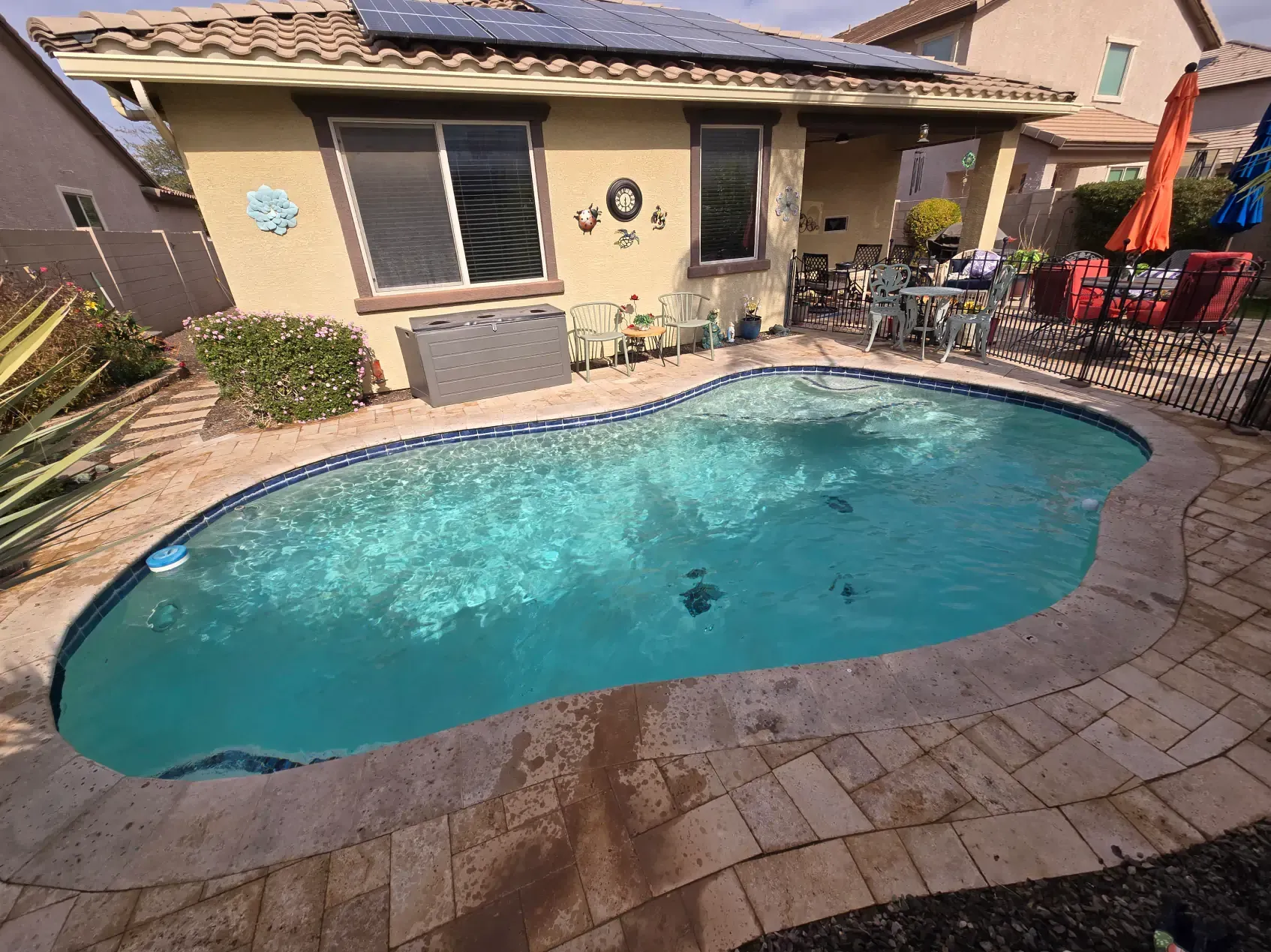 A large swimming pool in front of a house with solar panels on the roof.