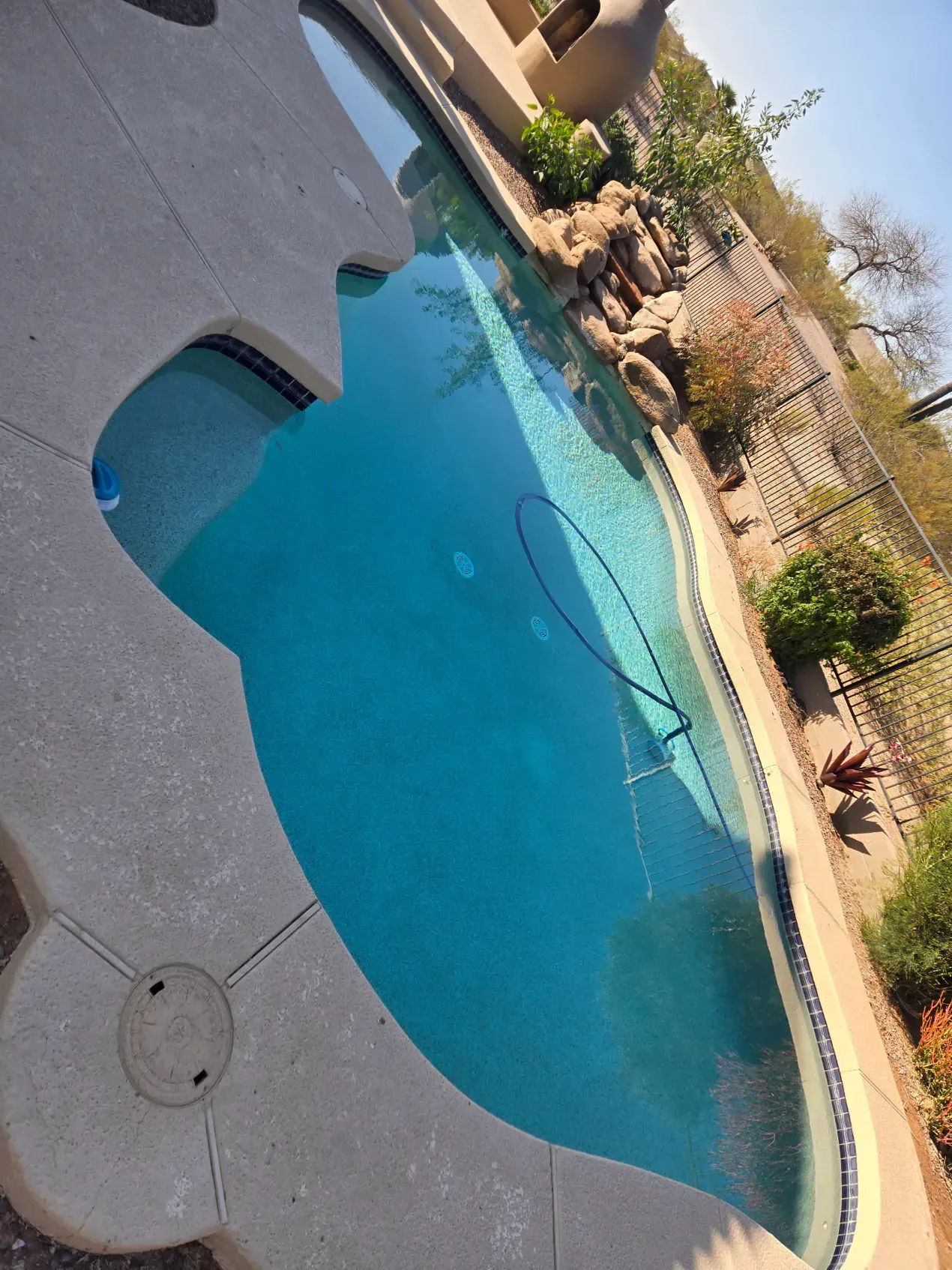A large swimming pool surrounded by rocks and bushes