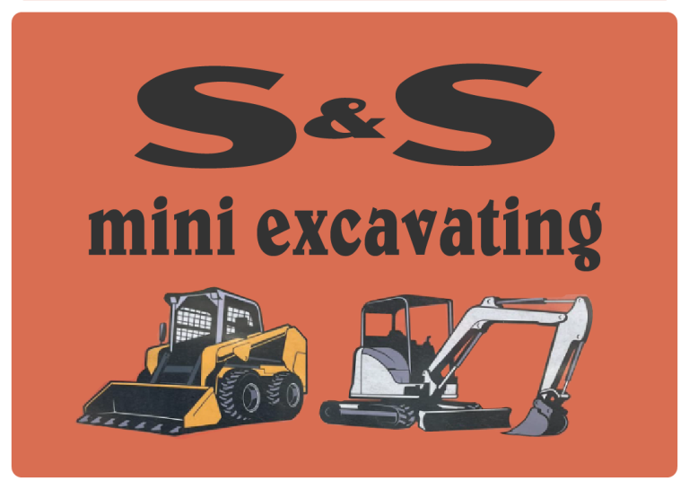 Sign for S&S mini excavating with illustrations of a small bulldozer and excavator on an orange background.