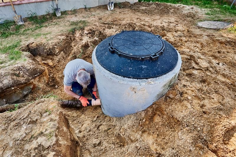 Man working on pipe connection to a concrete septic tank in a dirt excavation.