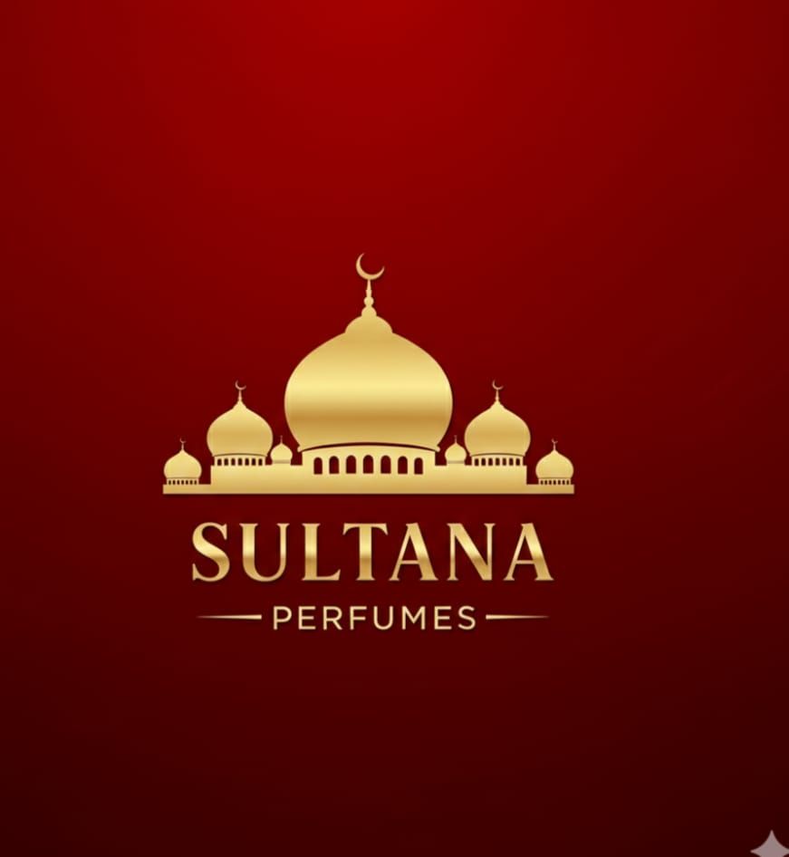 Logotipo de mezquita dorada para Sultana Perfumes sobre fondo rojo.