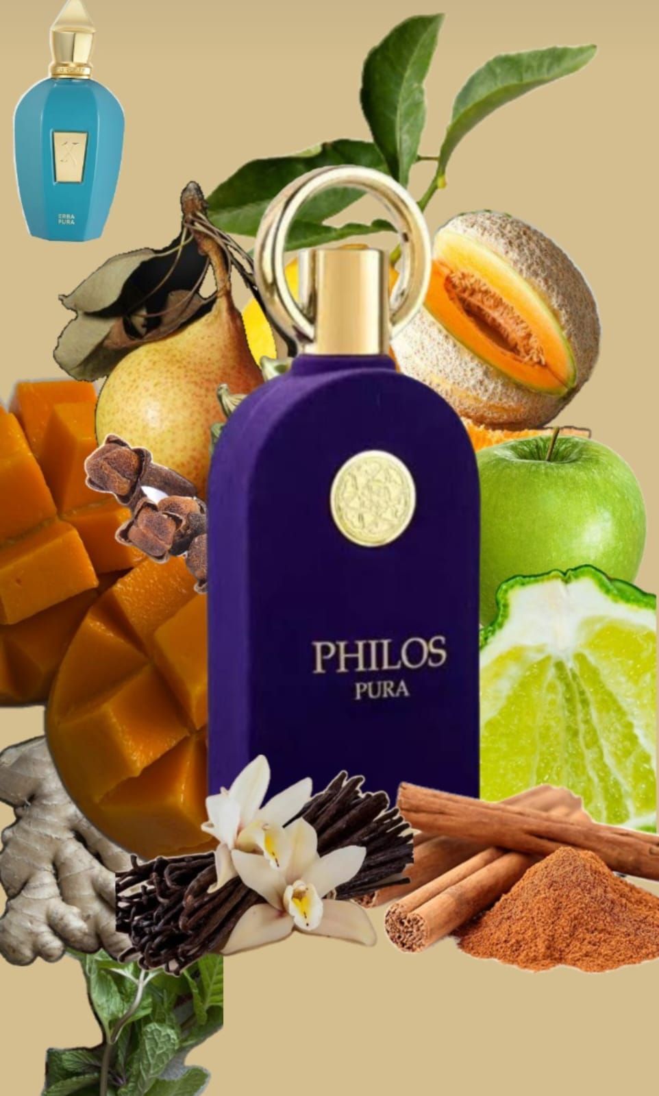 Frasco y caja de perfume Philos Pura de color morado sobre una superficie blanca y esponjosa.