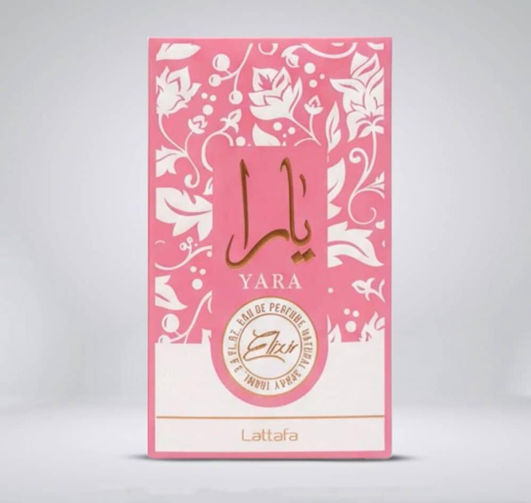 Caja de perfume Lattafa Yara rosa con diseño floral y escritura árabe.