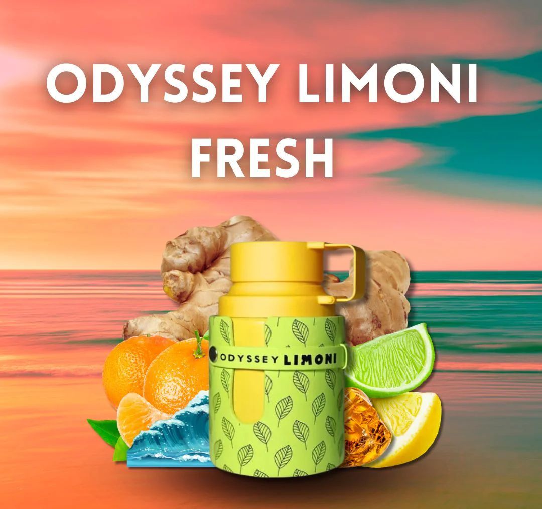 Bebida Odyssey Limoni con frutas, jengibre y fondo de atardecer colorido.