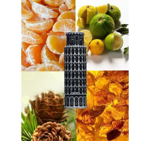 Dos frascos de perfume plateados con forma de Pisa junto a sus cajas negras abiertas. Una tarjeta se encuentra entre ellos.