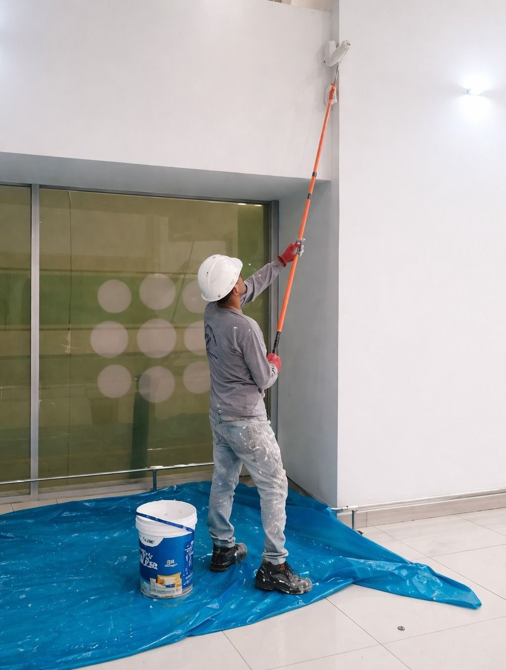 Un obrero de la construcción, con chaleco reflectante y casco, utiliza un rodillo para aplicar una capa impermeabilizante azul a un pilar.