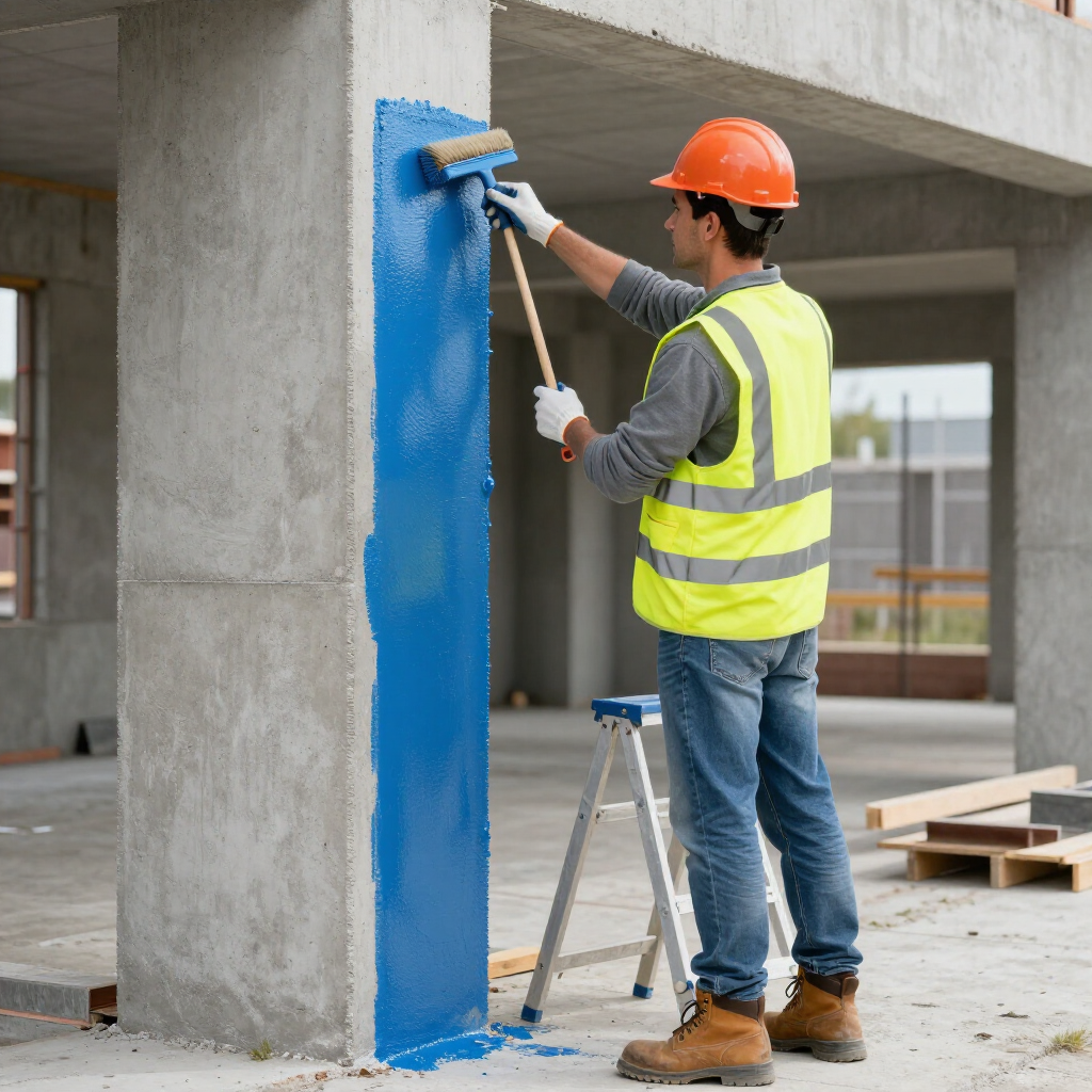 Un obrero de la construcción, con chaleco reflectante y casco, utiliza un rodillo para aplicar una capa impermeabilizante azul a un pilar.