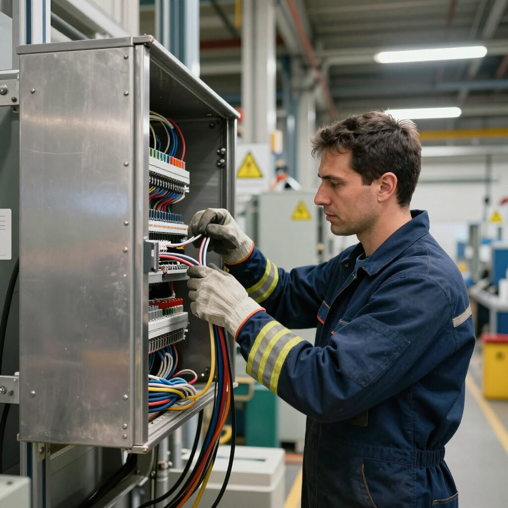 Una persona con mono de trabajo y guantes cablea meticulosamente un panel de control eléctrico abierto en una instalación industrial.