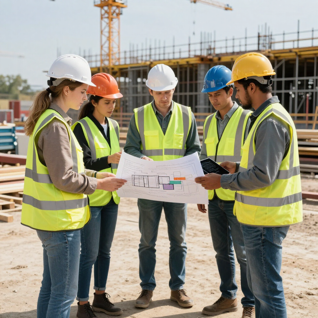 Cuatro obreros de la construcción, con cascos y chalecos reflectantes, se reúnen en una obra para revisar los planos arquitectónicos.