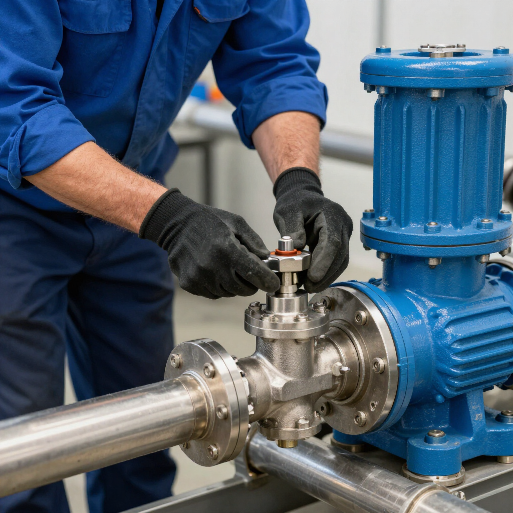 Una persona con un mono azul y guantes de trabajo negros ajusta una válvula en una bomba industrial azul.