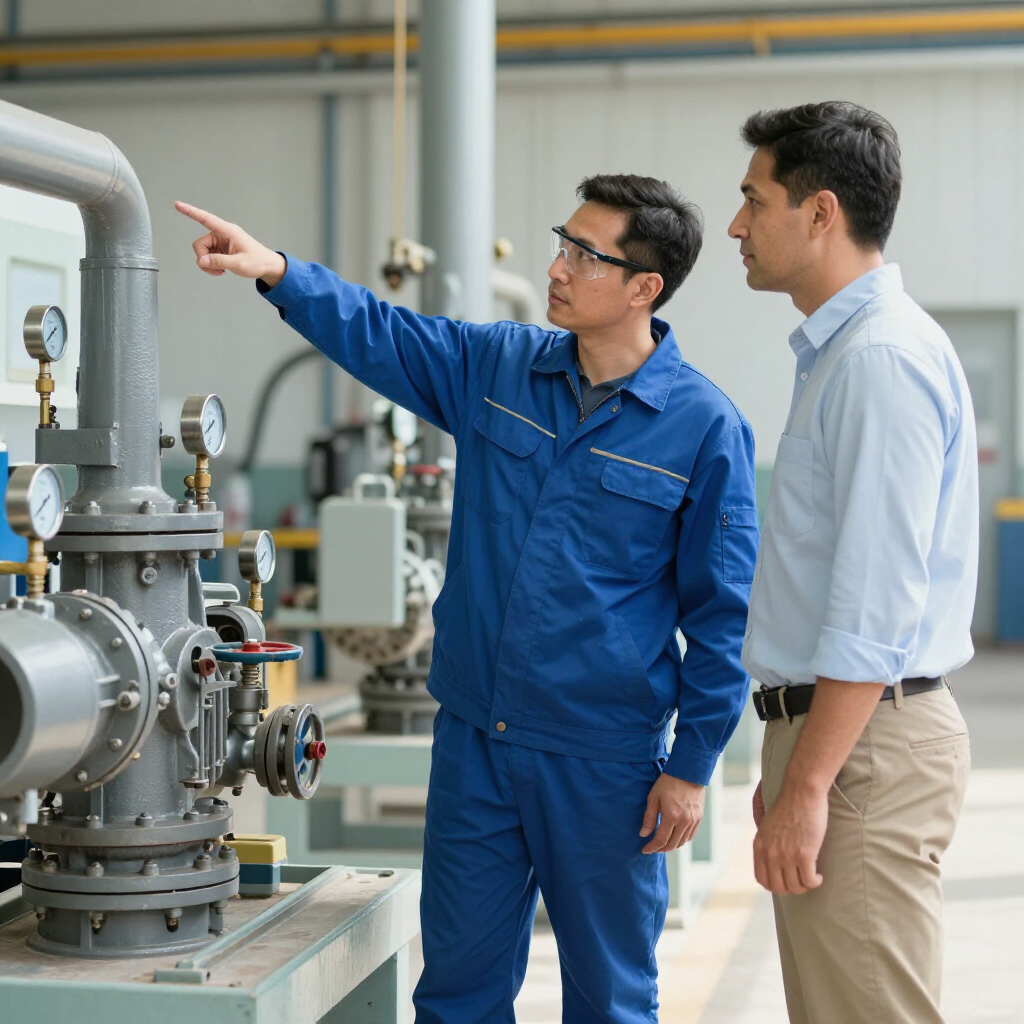 Un técnico con uniforme azul señala un conjunto de tuberías mientras se lo explica a un profesional con camisa clara.