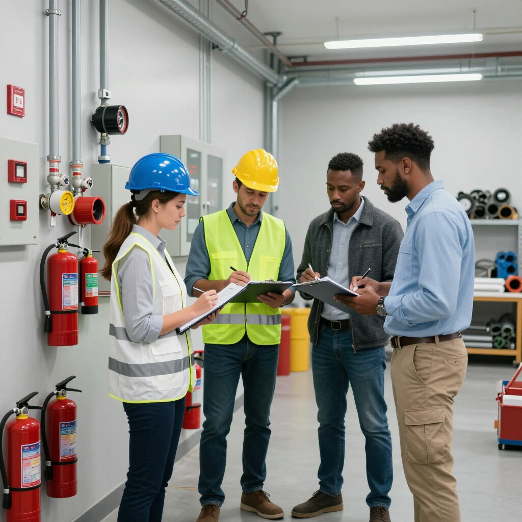 Un grupo de cuatro profesionales con equipo de seguridad y vestimenta formal revisan documentación dentro de un cuarto de servicio.
