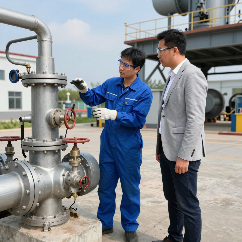 Dos personas en un patio industrial; una de ellas, con mono de trabajo, señala una válvula de tubería mientras la comenta con un compañero.
