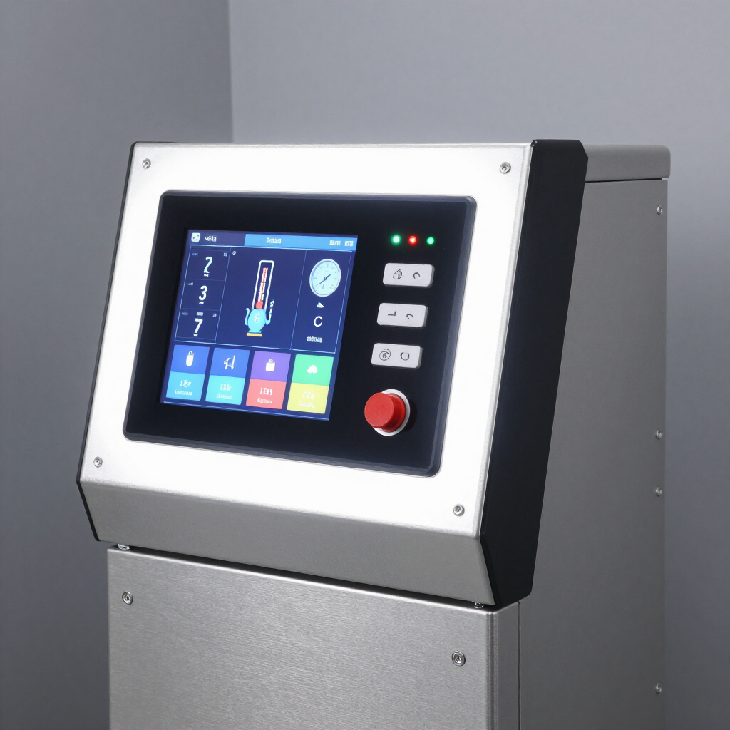 Unidad de control industrial de acero inoxidable con pantalla táctil, indicadores luminosos de estado y botón de parada de emergencia rojo.