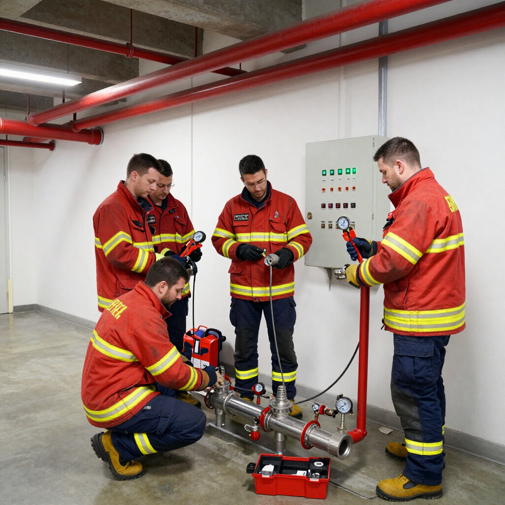 Cuatro bomberos con uniformes rojos inspeccionan equipos de extinción de incendios y manómetros en un entorno industrial.