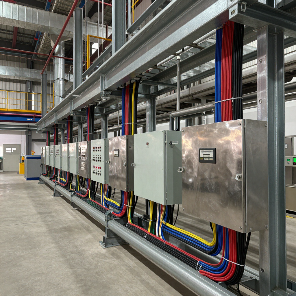 Una hilera de cajas de control eléctrico montadas sobre una estructura metálica, con un cableado organizado y colorido que recorre un almacén.