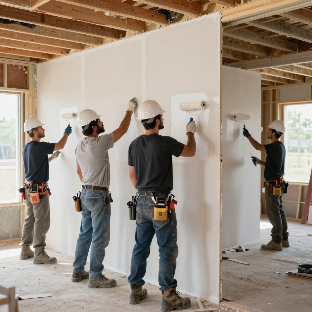 Cuatro trabajadores con cascos y cinturones de herramientas pintan superficies interiores de paneles de yeso sin terminar en una habitación en construcción.