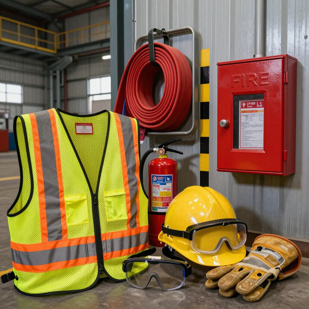 Equipo de seguridad laboral, que incluye un chaleco de alta visibilidad, casco con gafas protectoras y guantes, cerca de una manguera contra incendios montada en la pared.