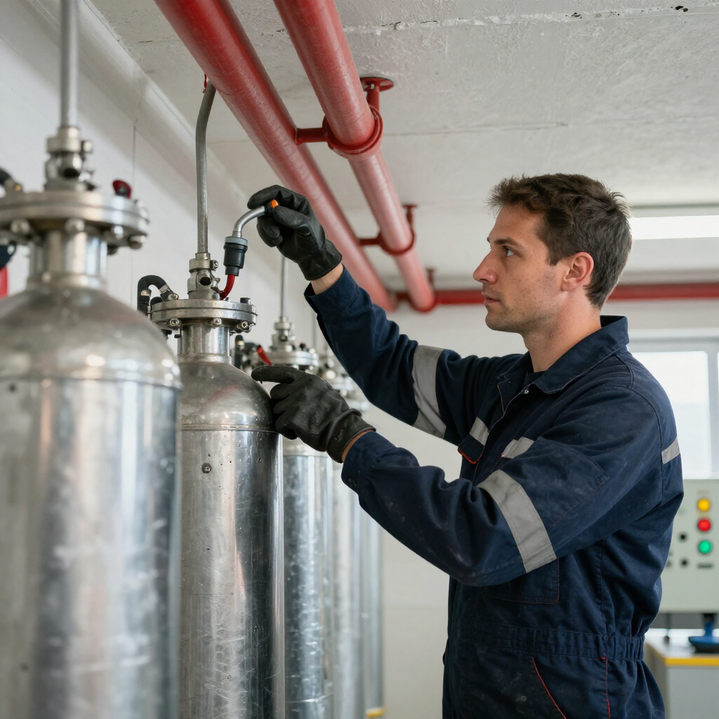 Técnico con uniforme de trabajo y guantes inspeccionando cilindros de gas industrial plateados conectados a tuberías rojas aéreas.