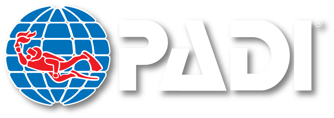 PADI logo: Red diver inside a blue globe, white 
