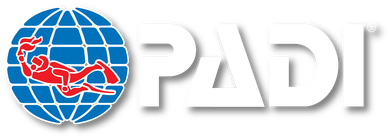 PADI logo: Red diver inside a blue globe, white 