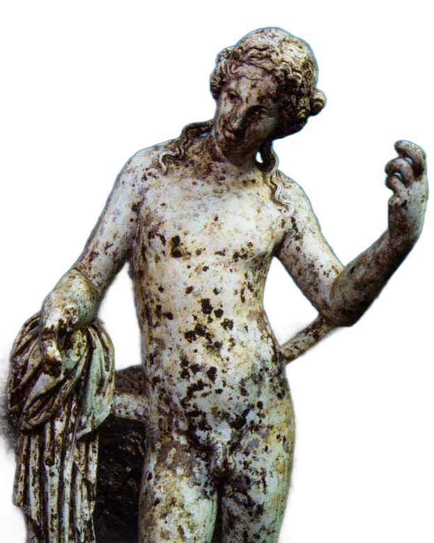 Statue of a nude figure, head turned down, right arm raised, holding a drape; weathered stone.