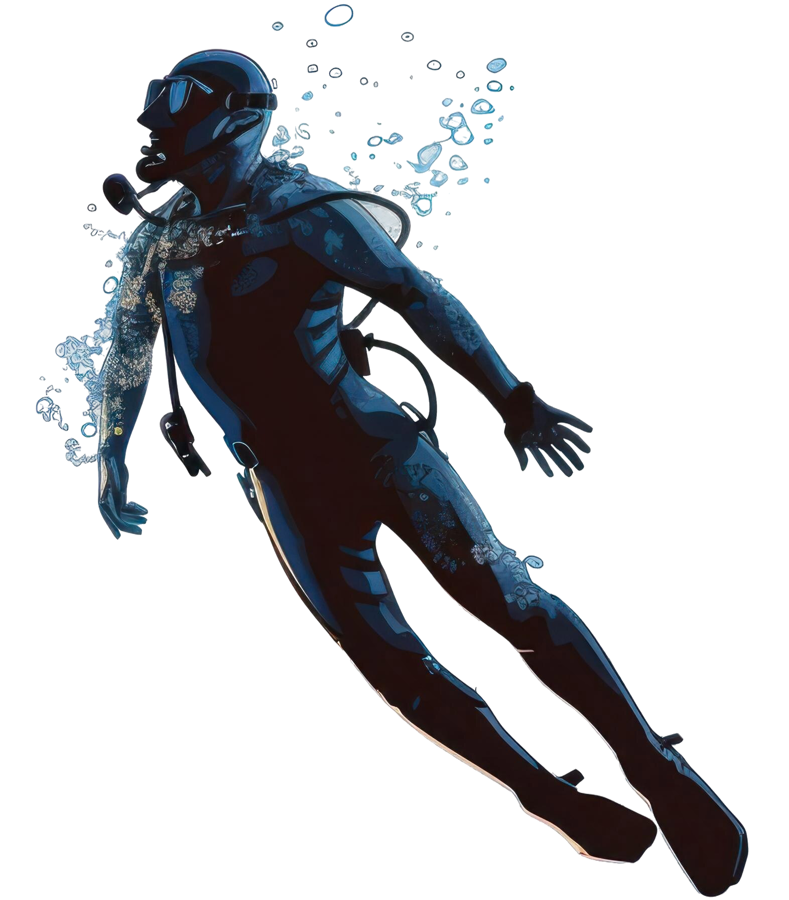 Scuba diver in dark blue wetsuit, underwater with bubbles.