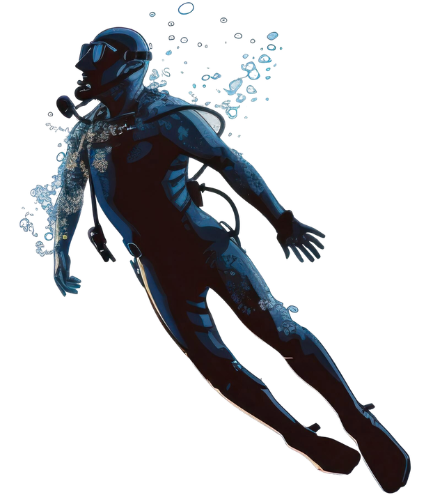 Scuba diver in dark blue wetsuit, underwater with bubbles.