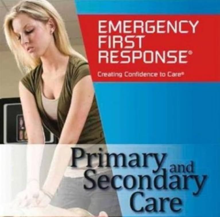 Woman demonstrating CPR on a training dummy, beside text for Emergency First Response primary and secondary care.