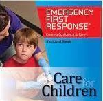 Emergency First Response manual cover: adult with a child, blue glove, red shirt.