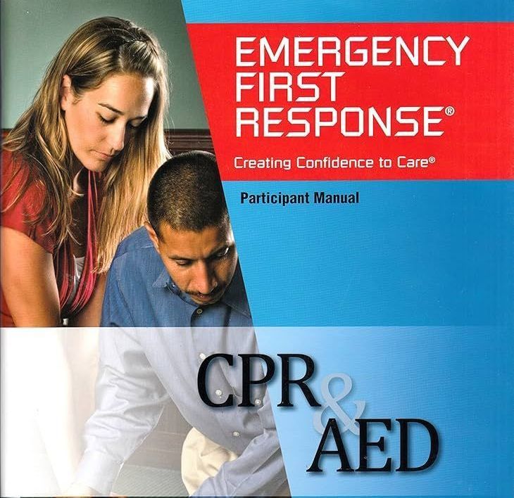 Emergency First Response participant manual cover; CPR & AED training. People looking at manual. Red and blue design.