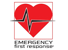 Red heart with EKG line, within a red square; 