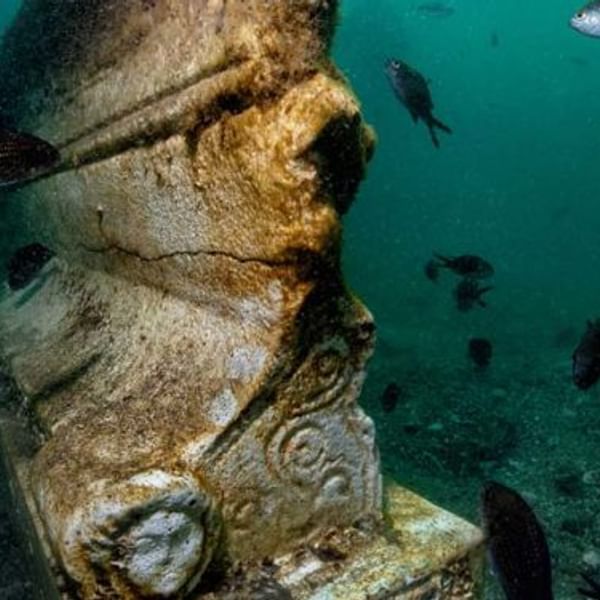 Underwater view of a weathered stone sculpture with fish swimming around it.